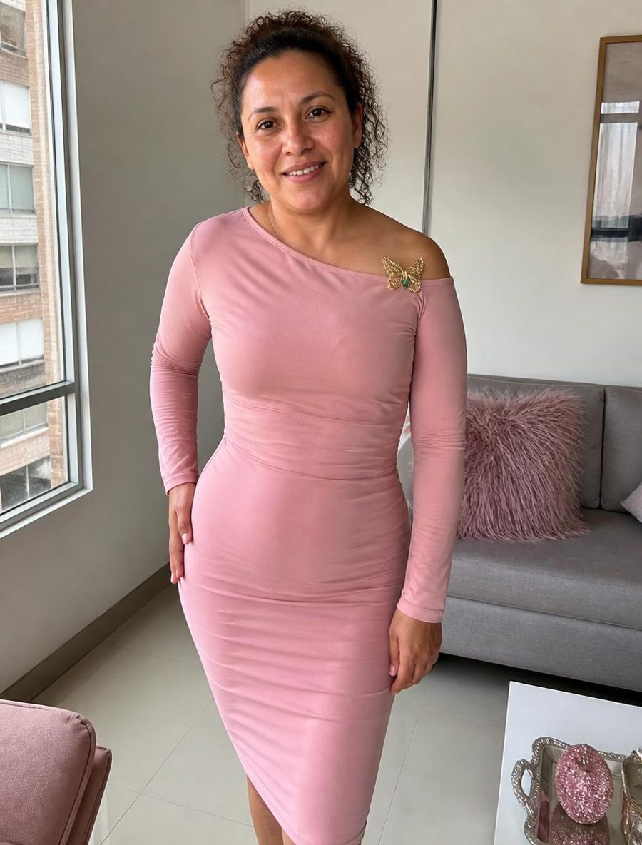 Clienta con el vestido midi en rosa palo y el broche joya
