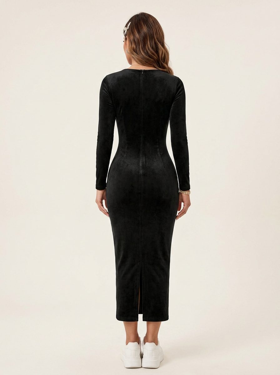 Vestido midi negro manga larga vista de espalda con abertura