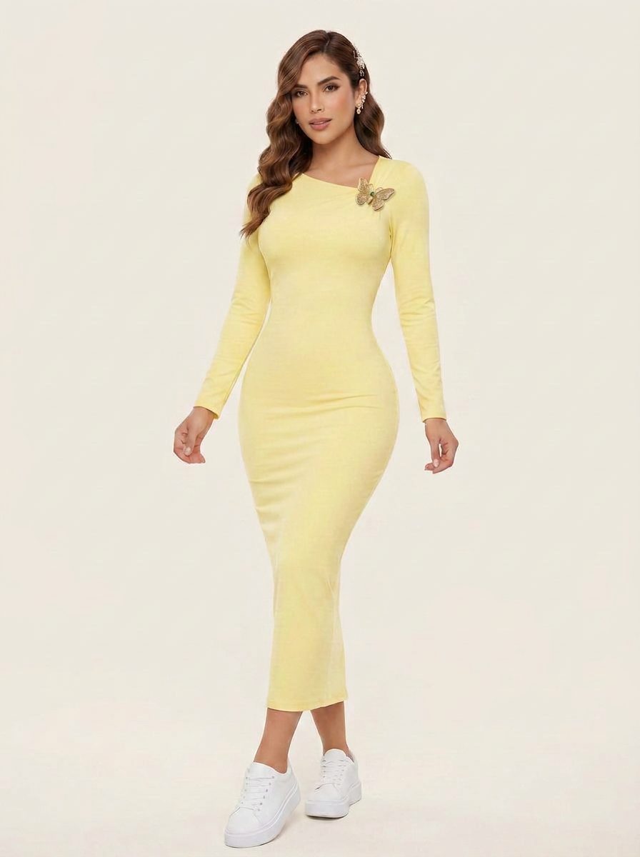 Vestido midi color amarillo mantequilla